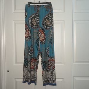 MELISSA PAGE Women Wide Leg Pants Floral Paisley Stretch Elastic Blue Size Large